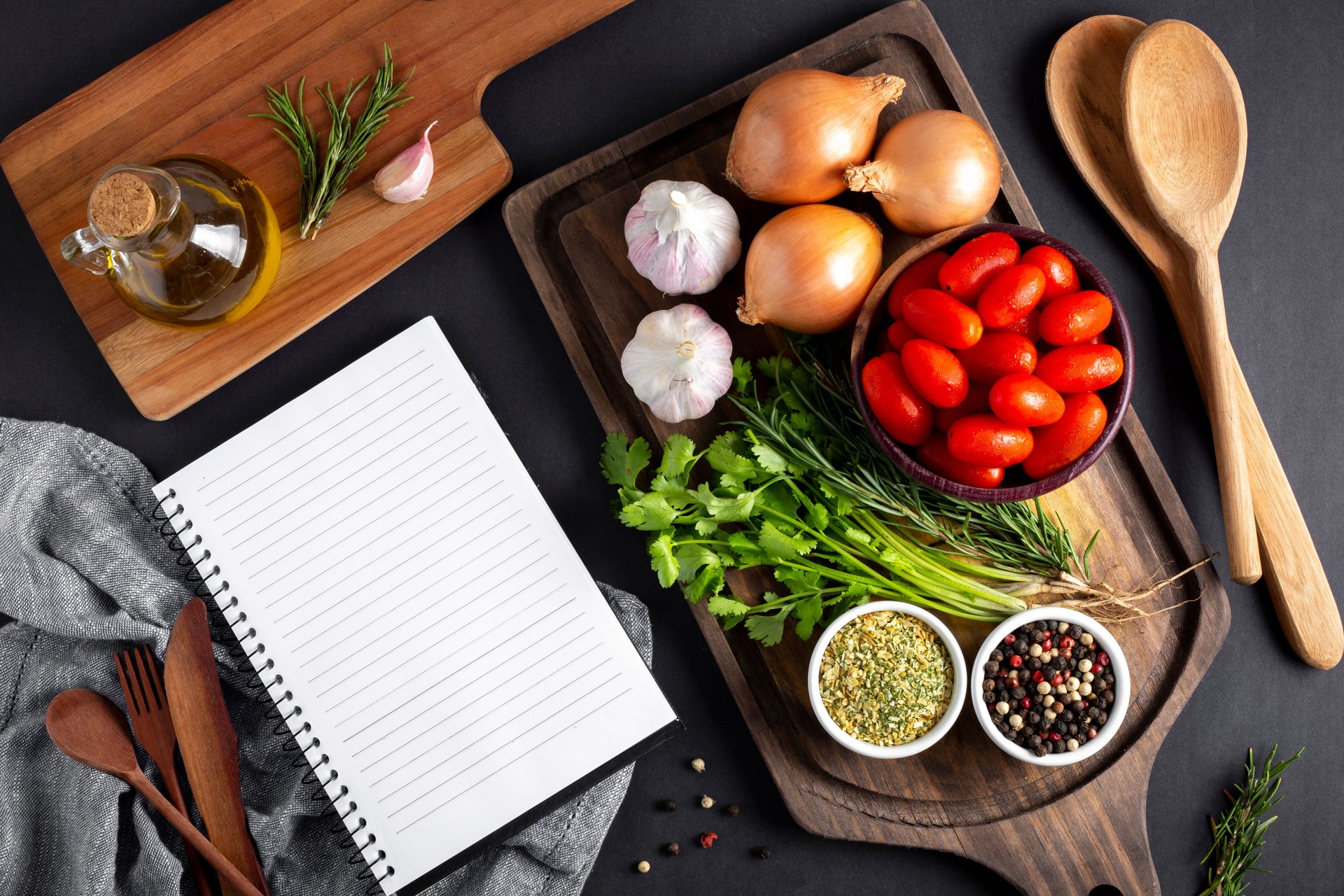 Cookbook with ingredients on the table.Recipe book.